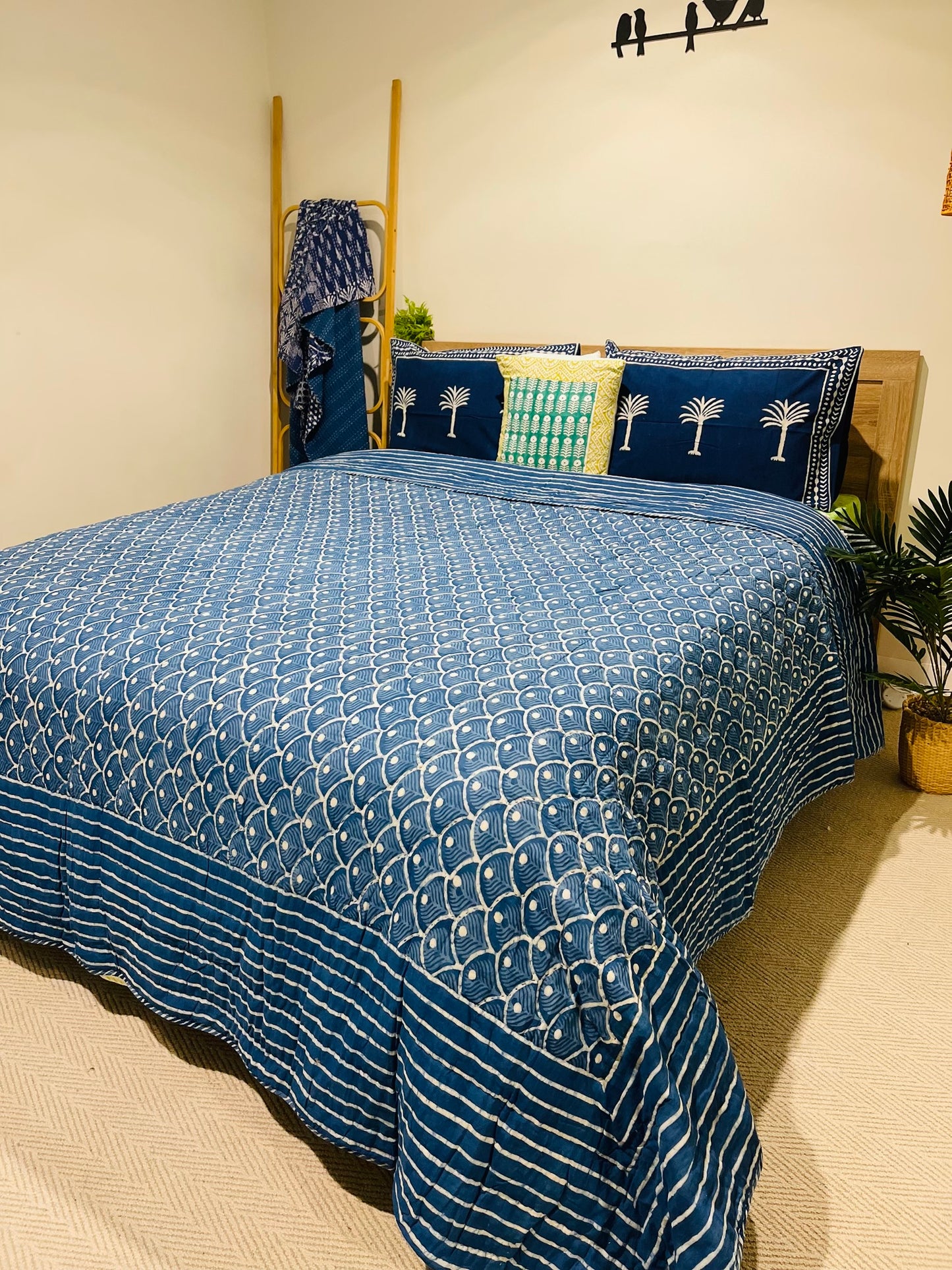 Indigo Floral Cotton Filled Quilt/ Bedspread