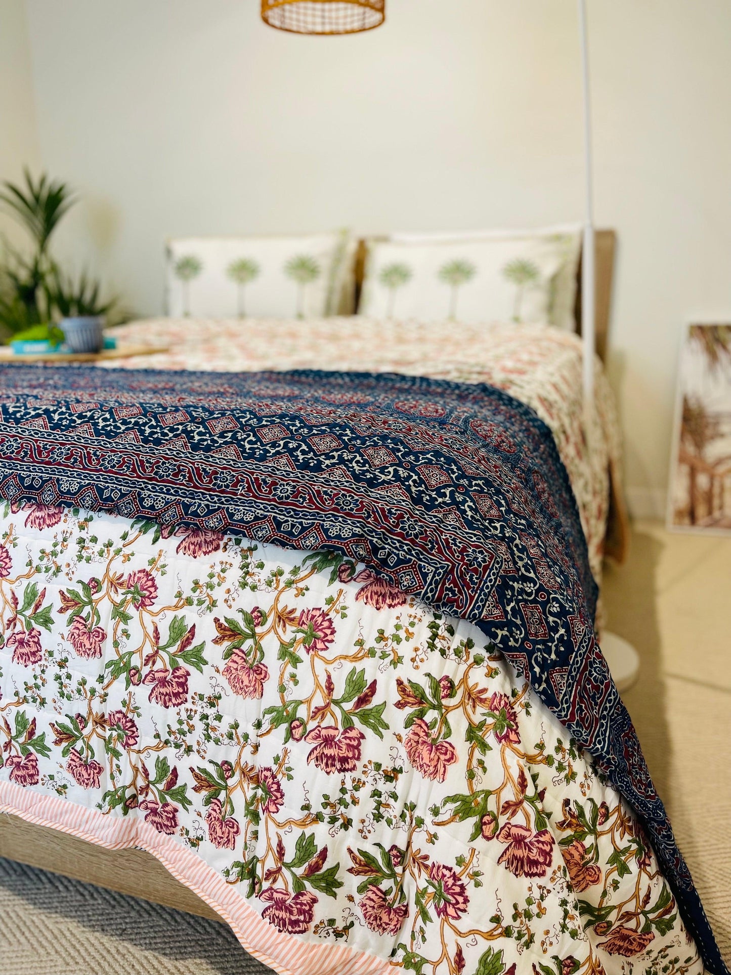 Royal Ajrak Indigo Cotton Kantha Quilt/ Bedspread/ Coverlet Hand block print - Rooii by Tuvisha