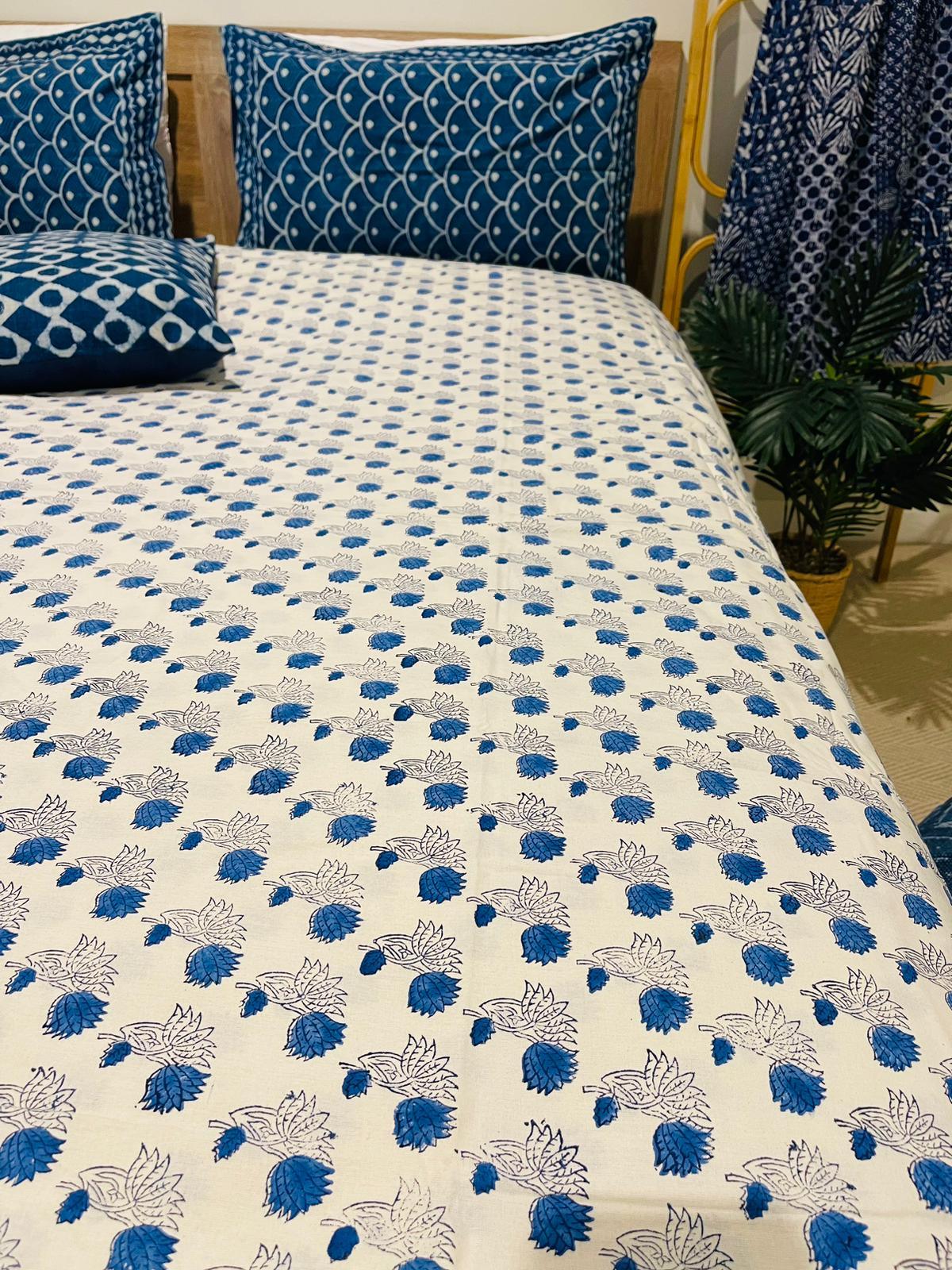 Blue Floral Cotton Quilt cover Hand Block print - Rooii by Tuvisha