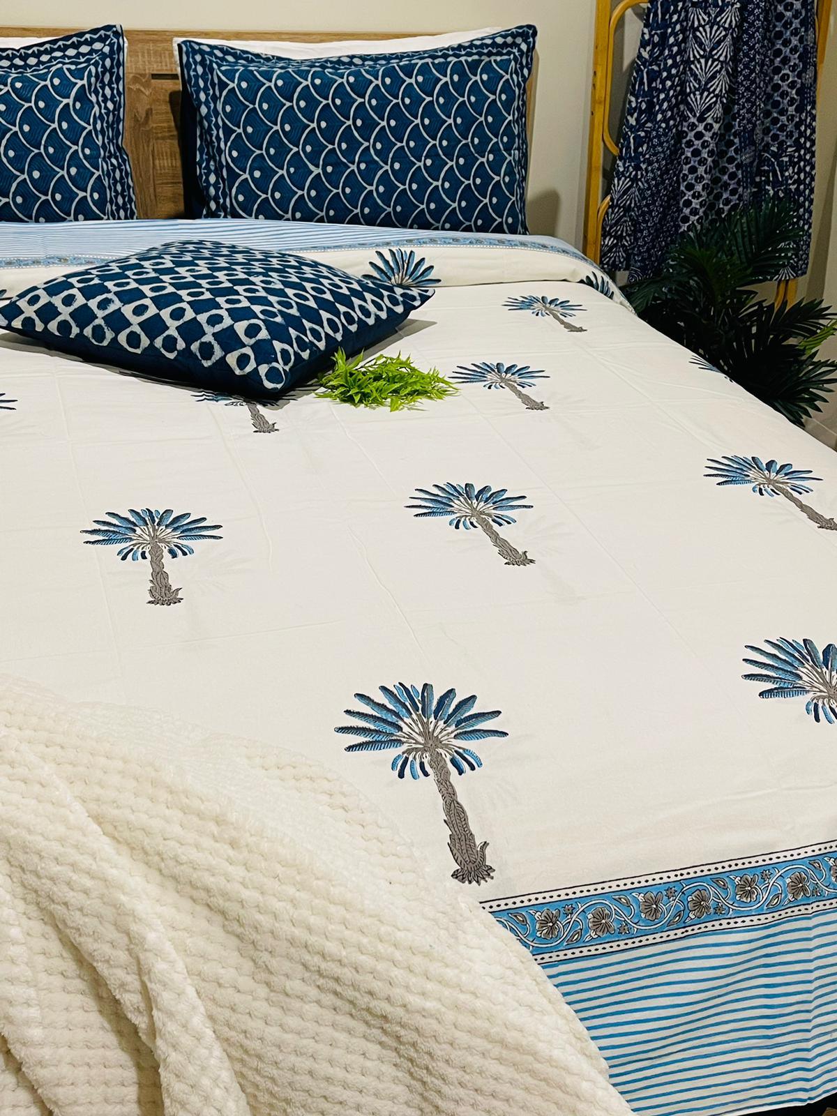 Blue Palm Tree Cotton Quilt cover Hand block print - Rooii by Tuvisha