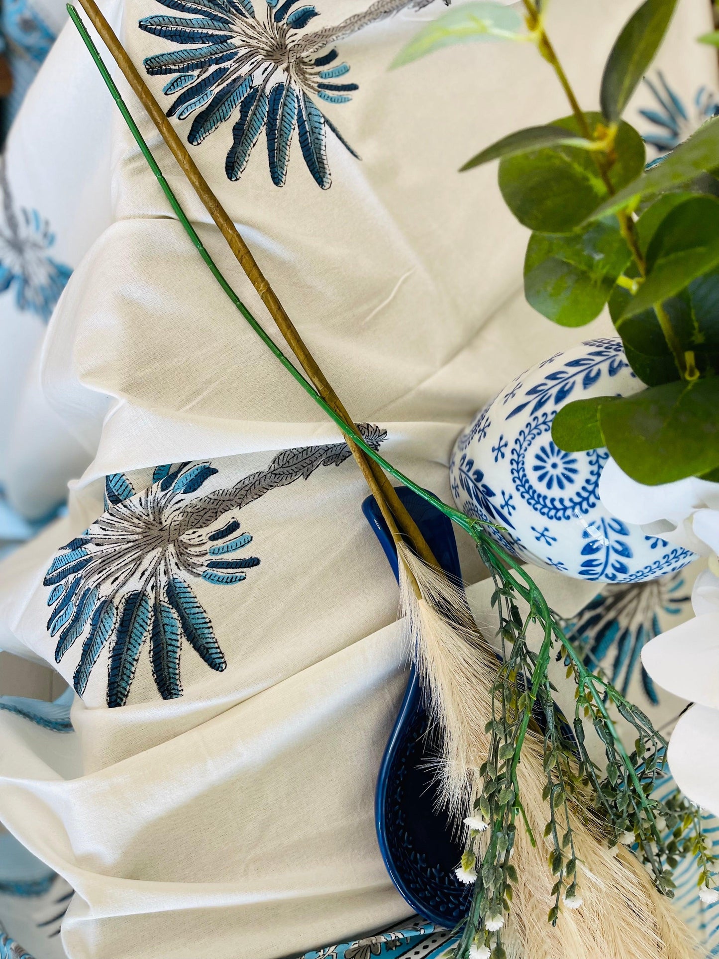 Blue Palm Tree Cotton Table cloth Hand Block print - Rooii by Tuvisha