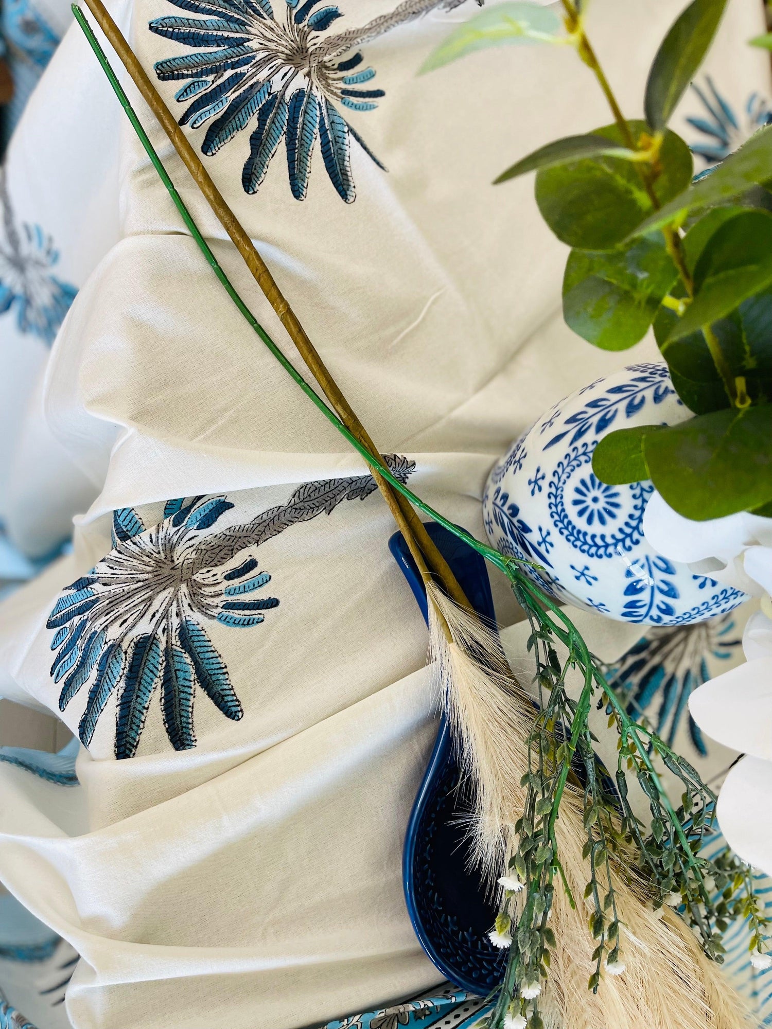 Blue Palm Tree Cotton Table cloth Hand Block print - Rooii by Tuvisha