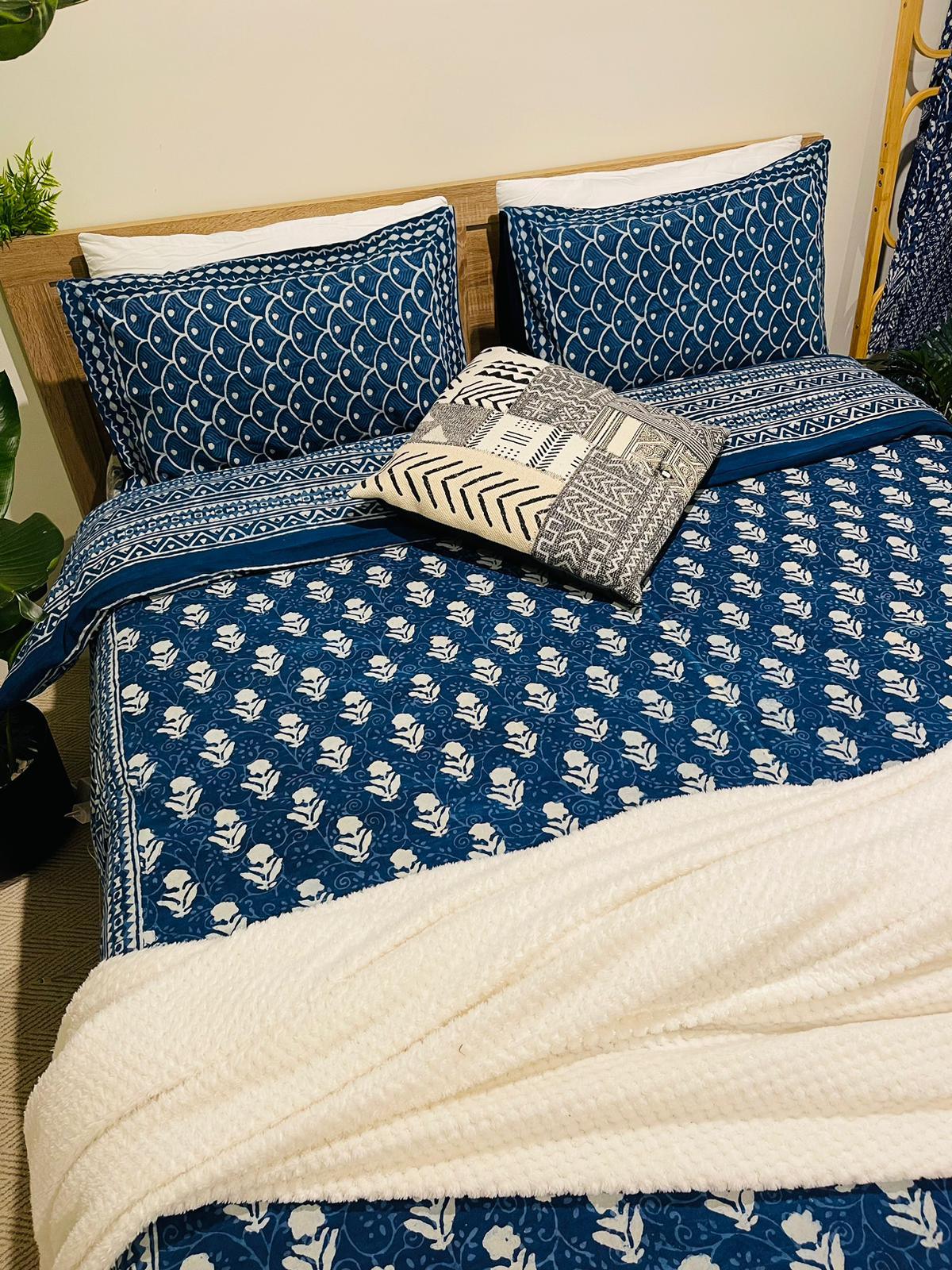 Cotton Quilt cover - Royal Floral Indigo Hand block printed Quilt cover - Rooii by Tuvisha