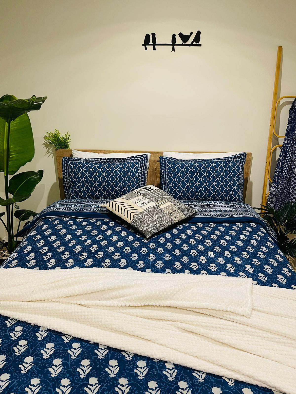 Cotton Quilt cover - Royal Floral Indigo Hand block printed Quilt cover - Rooii by Tuvisha