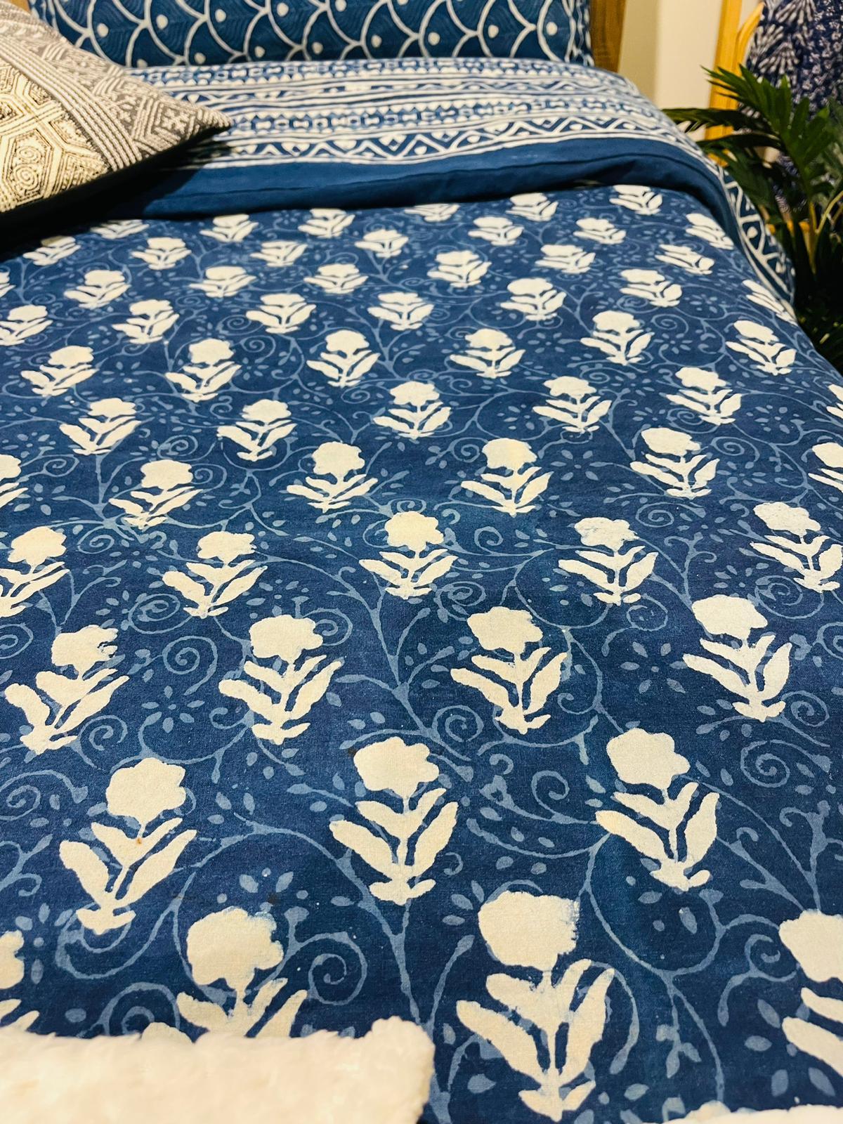 Cotton Quilt cover - Royal Floral Indigo Hand block printed Quilt cover - Rooii by Tuvisha