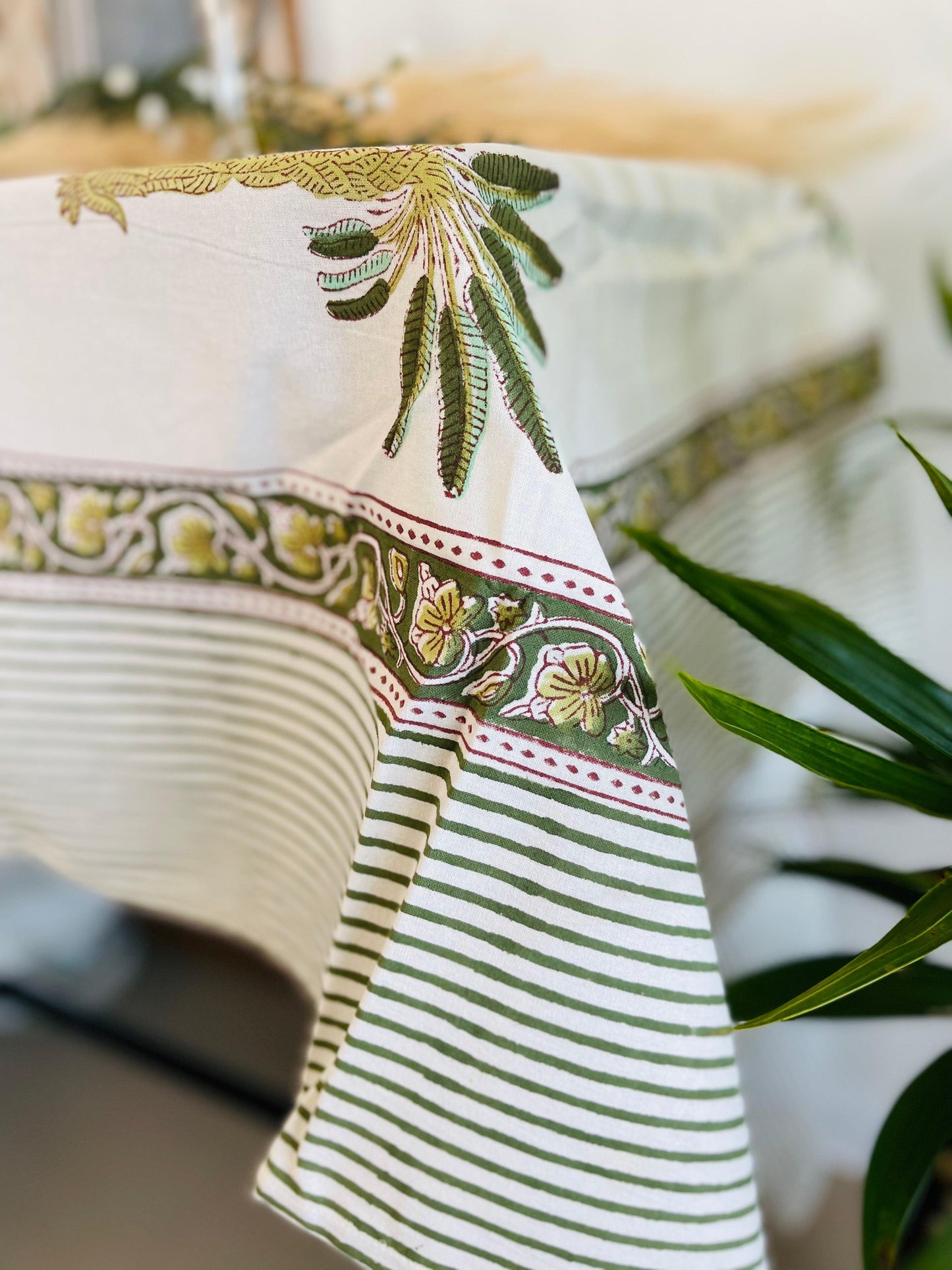 Green Palm tree Cotton Table cloth Hand block print - Rooii by Tuvisha