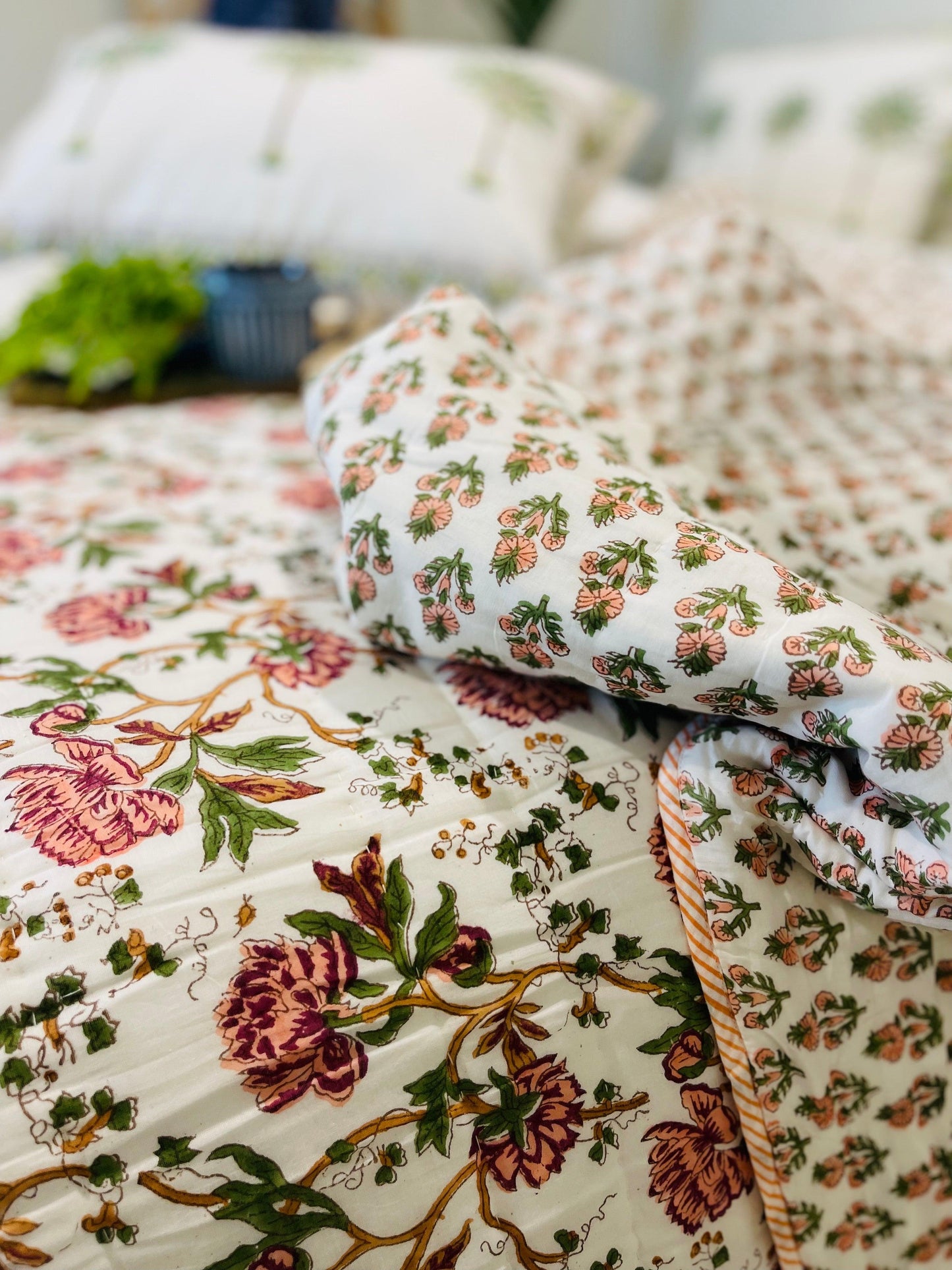 Floral Pink Cotton Filled Quilt/ Bedspread Hand block print - Rooii by Tuvisha
