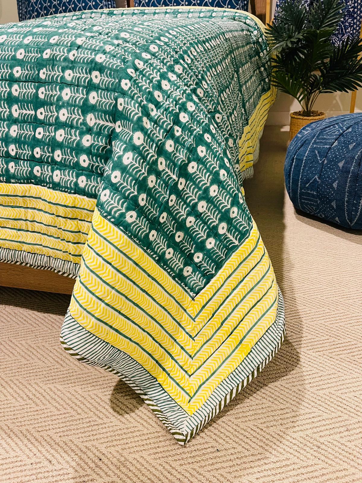 Green Cotton Filled Quilt/Bedspread Hand Block Print - Rooii by Tuvisha