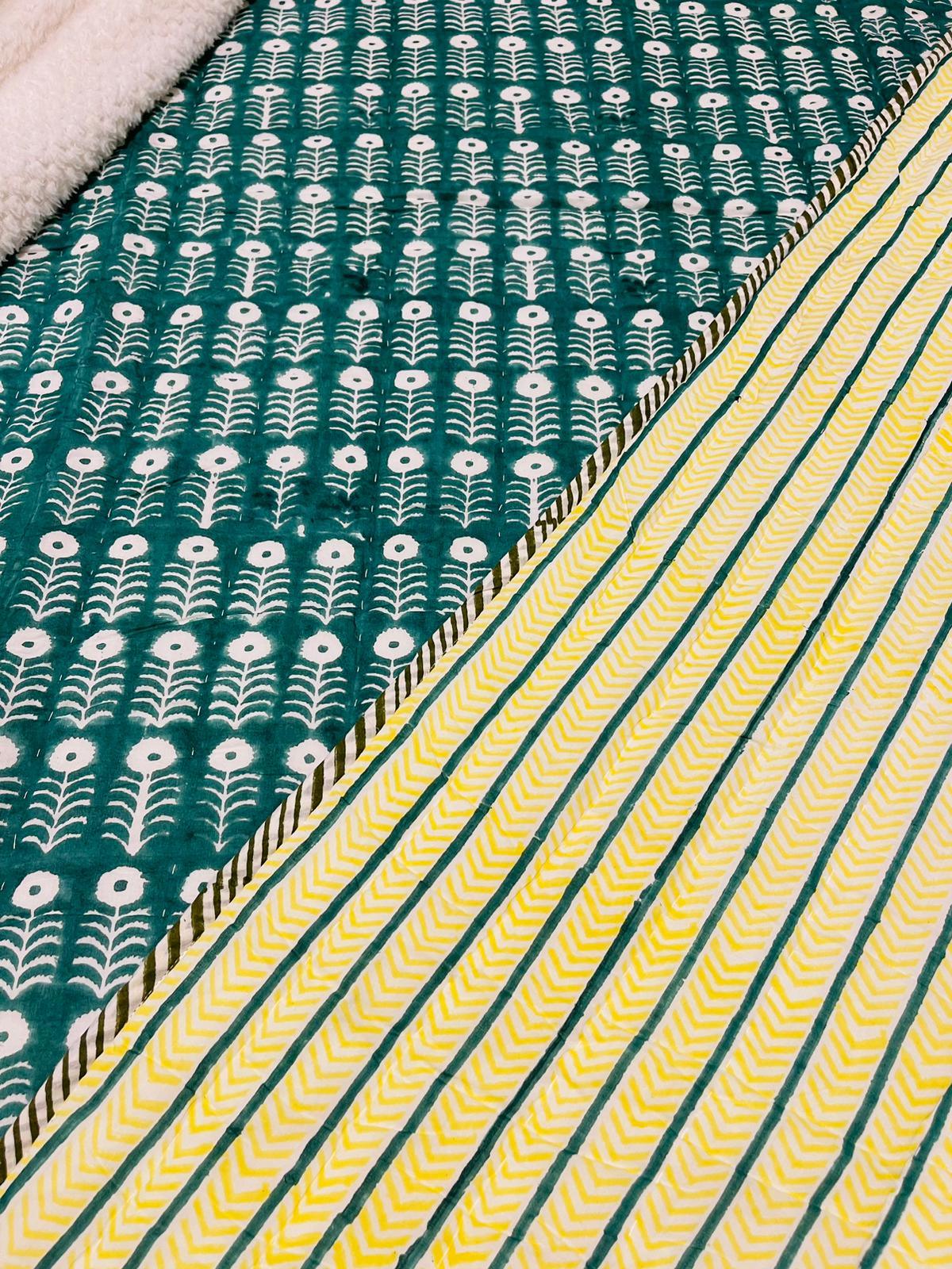 Green Cotton Filled Quilt/Bedspread Hand Block Print - Rooii by Tuvisha