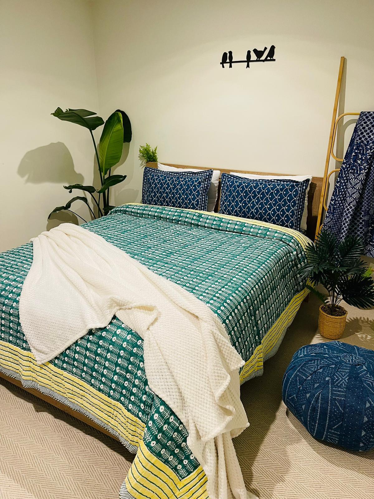 Green Cotton Filled Quilt/Bedspread Hand Block Print - Rooii by Tuvisha