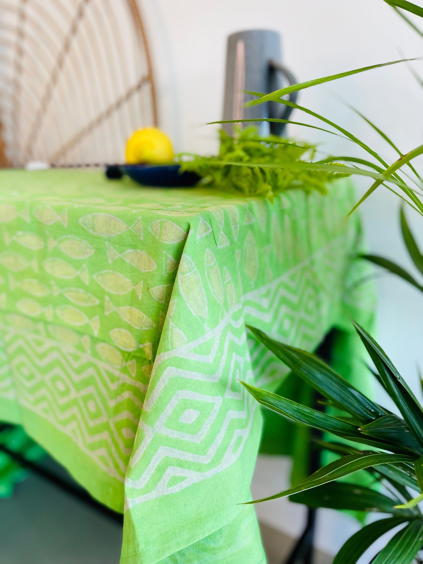 Green Fish Cotton Table cloth Hand Block print - Rooii by Tuvisha