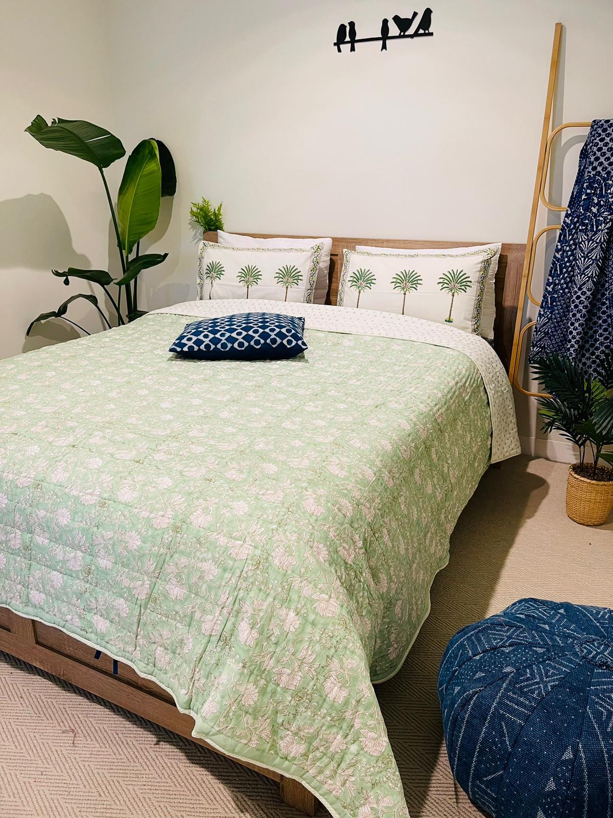 Green Floral Cotton Filled Quilt/Bedspread Hand Block Print - Rooii by Tuvisha
