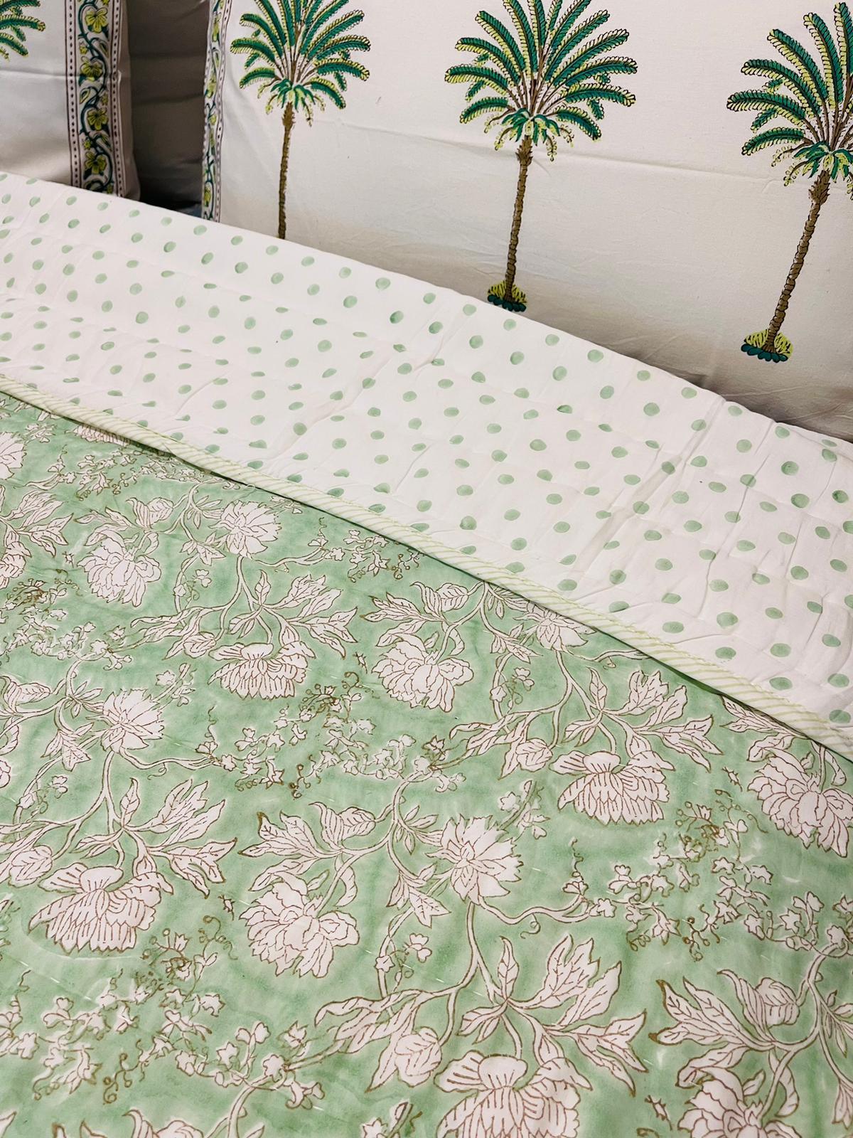 Green Floral Cotton Filled Quilt/Bedspread Hand Block Print - Rooii by Tuvisha
