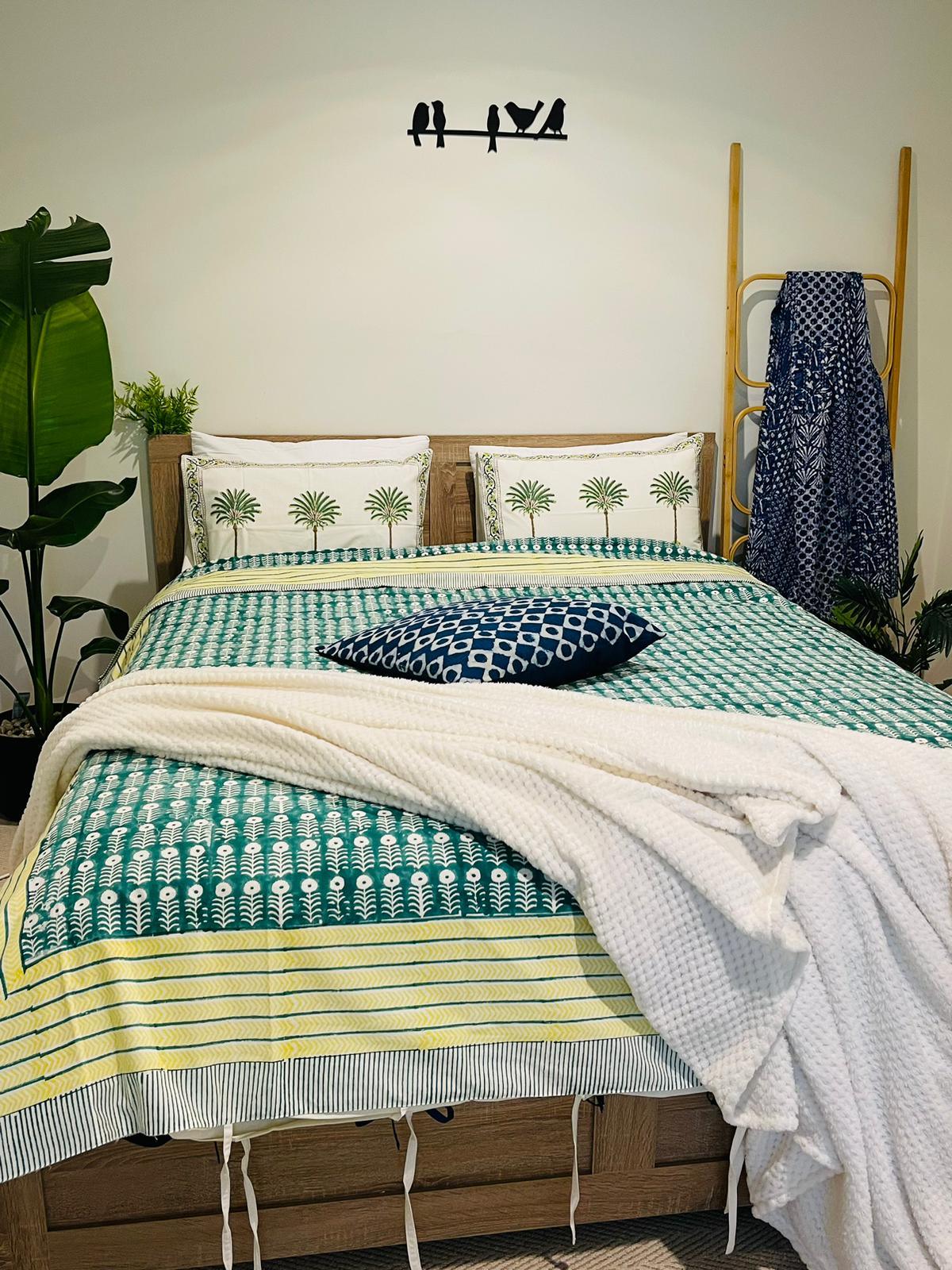Green Floral Cotton Quilt cover Hand Block print - Rooii by Tuvisha