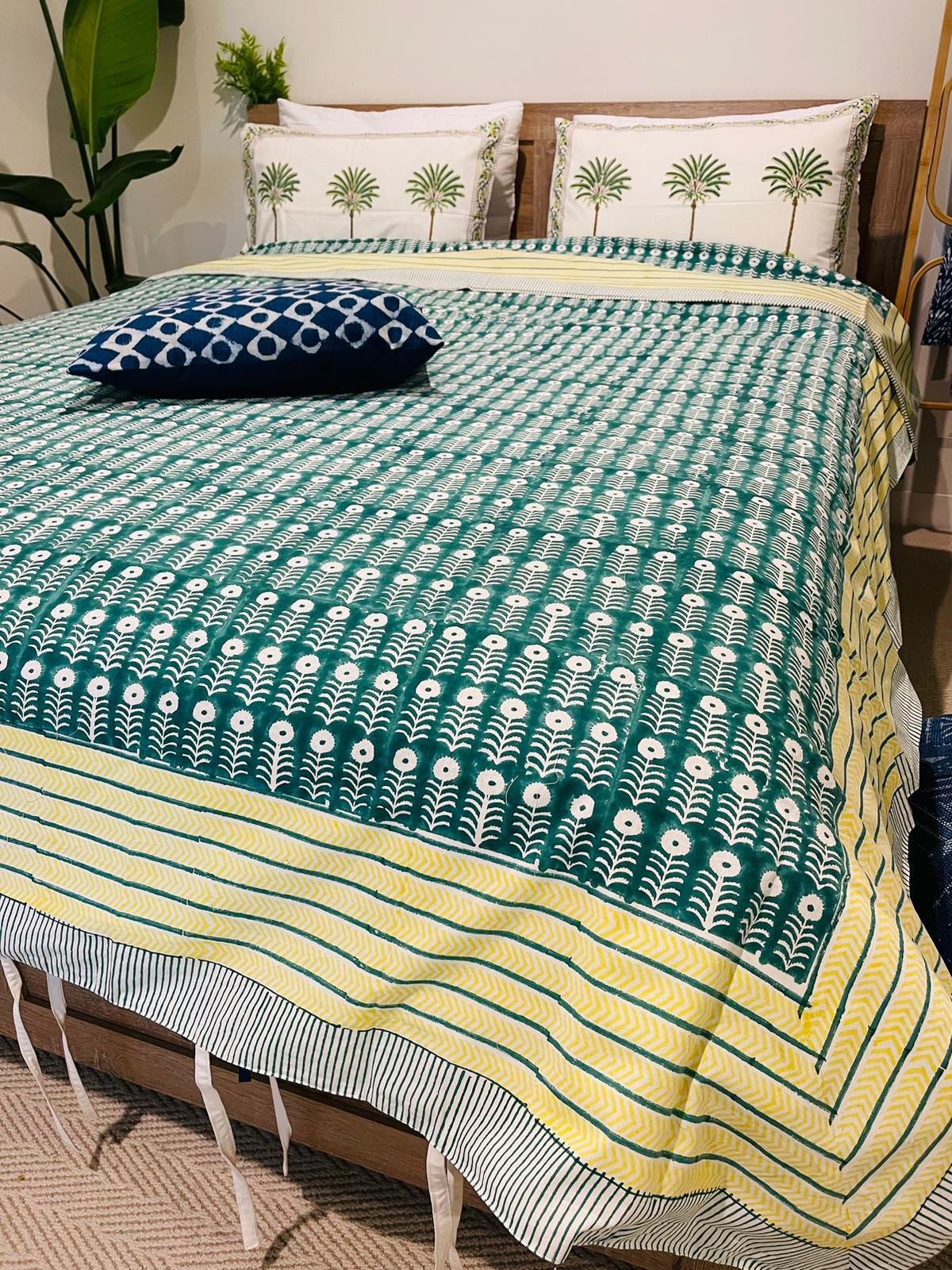 Green Floral Cotton Quilt cover Hand Block print - Rooii by Tuvisha