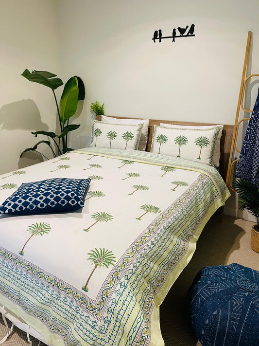 Green Palm tree Cotton Quilt cover Hand block print - Rooii by Tuvisha