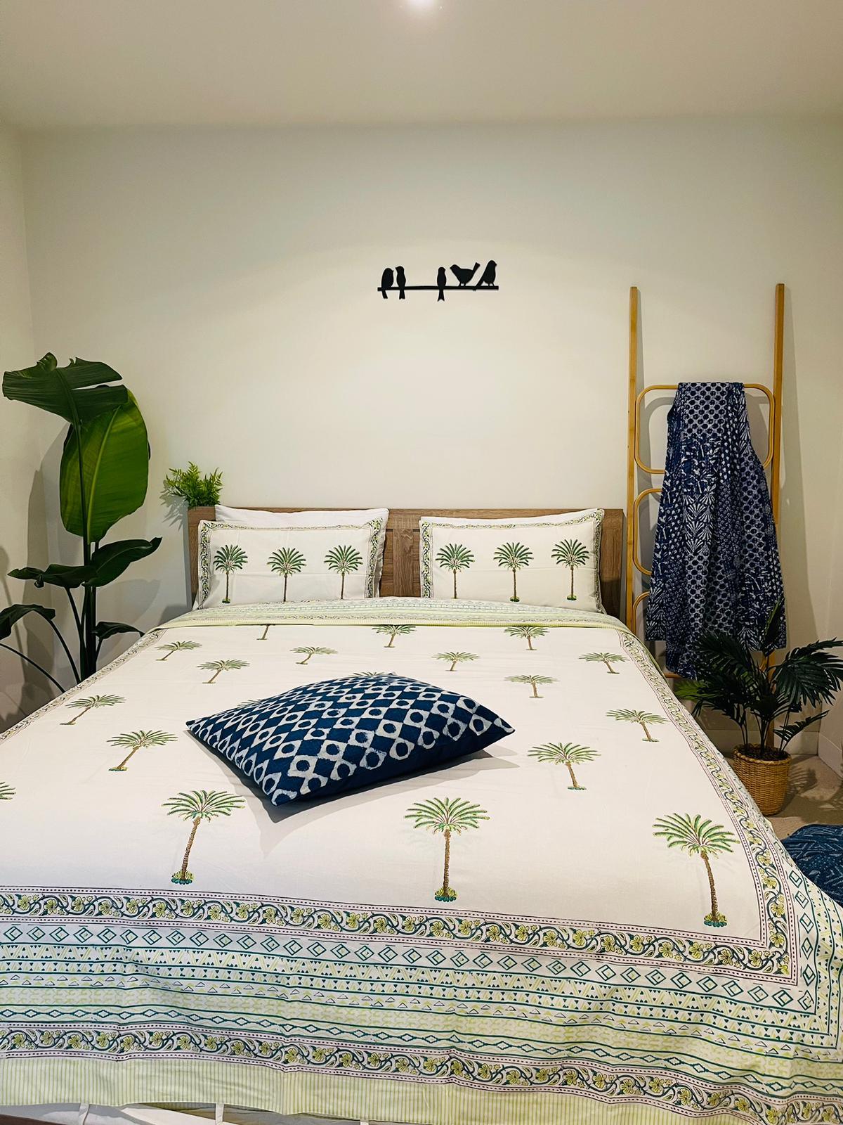 Green Palm tree Cotton Quilt cover Hand block print - Rooii by Tuvisha