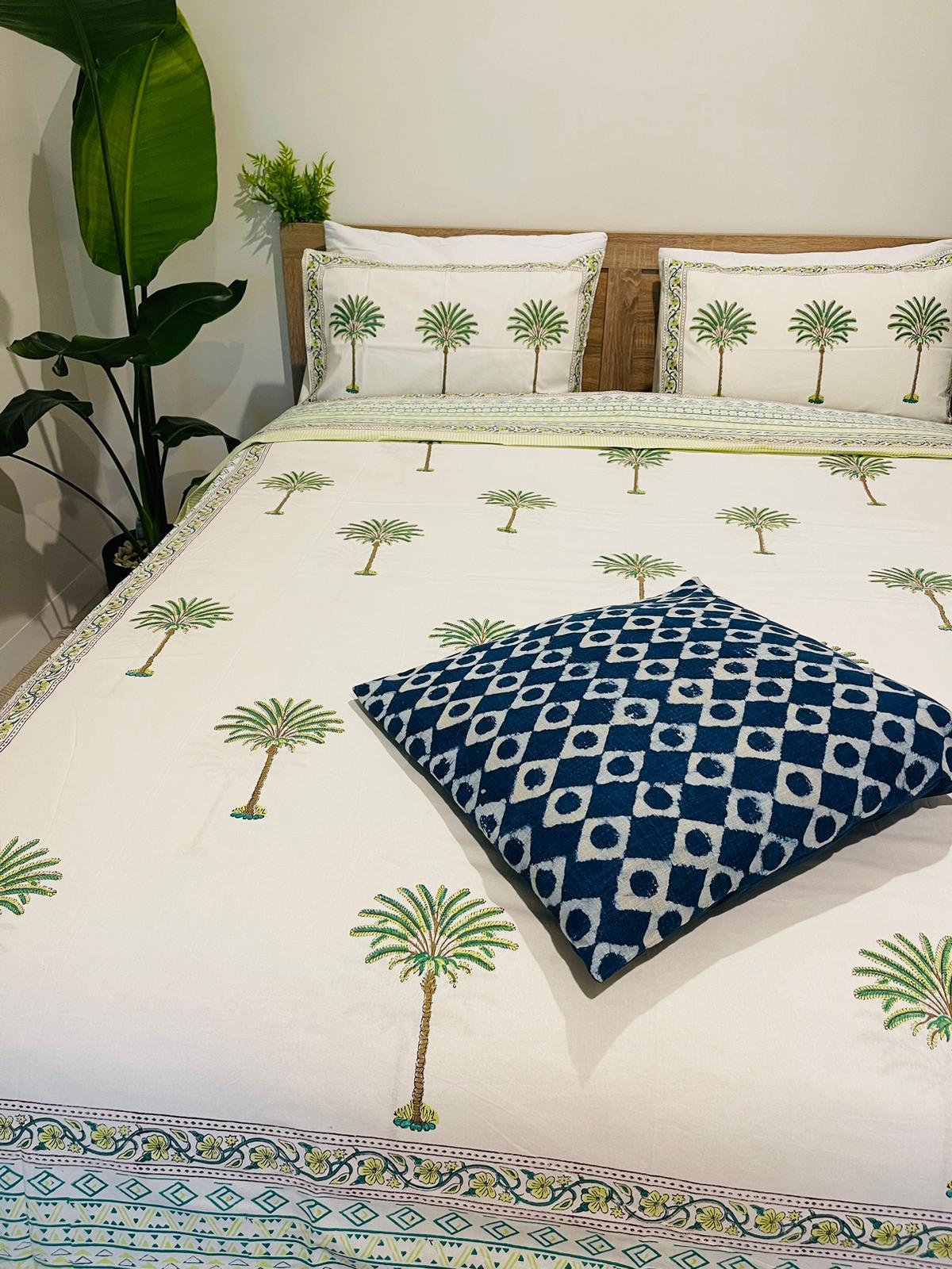 Green Palm tree Cotton Quilt cover Hand block print - Rooii by Tuvisha