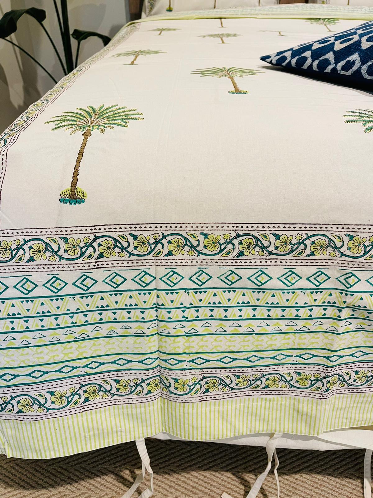 Green Palm tree Cotton Quilt cover Hand block print - Rooii by Tuvisha