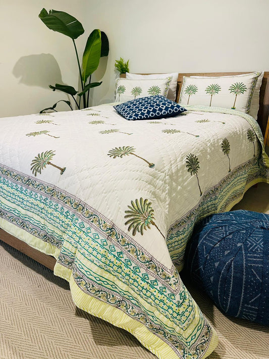 Palm tree Cotton Quilt/Bedspread Green Hand block print - Rooii by Tuvisha