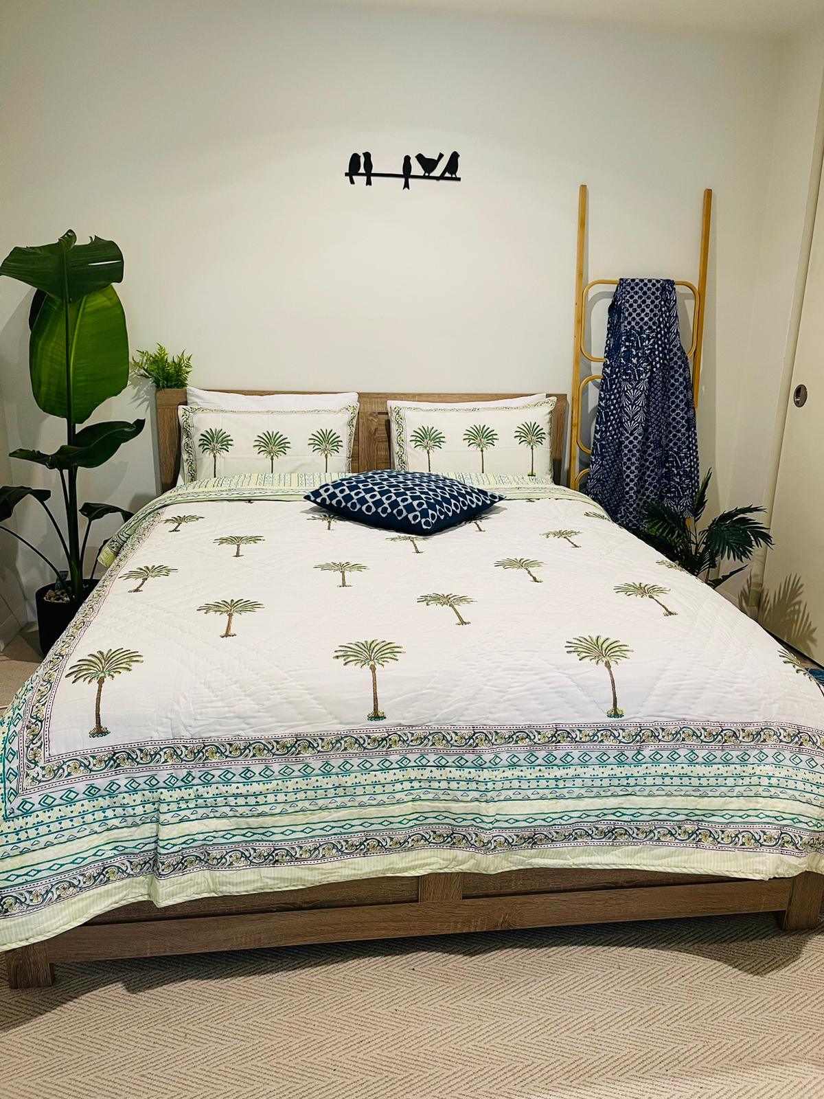 Palm tree Cotton Quilt/Bedspread Green Hand block print - Rooii by Tuvisha