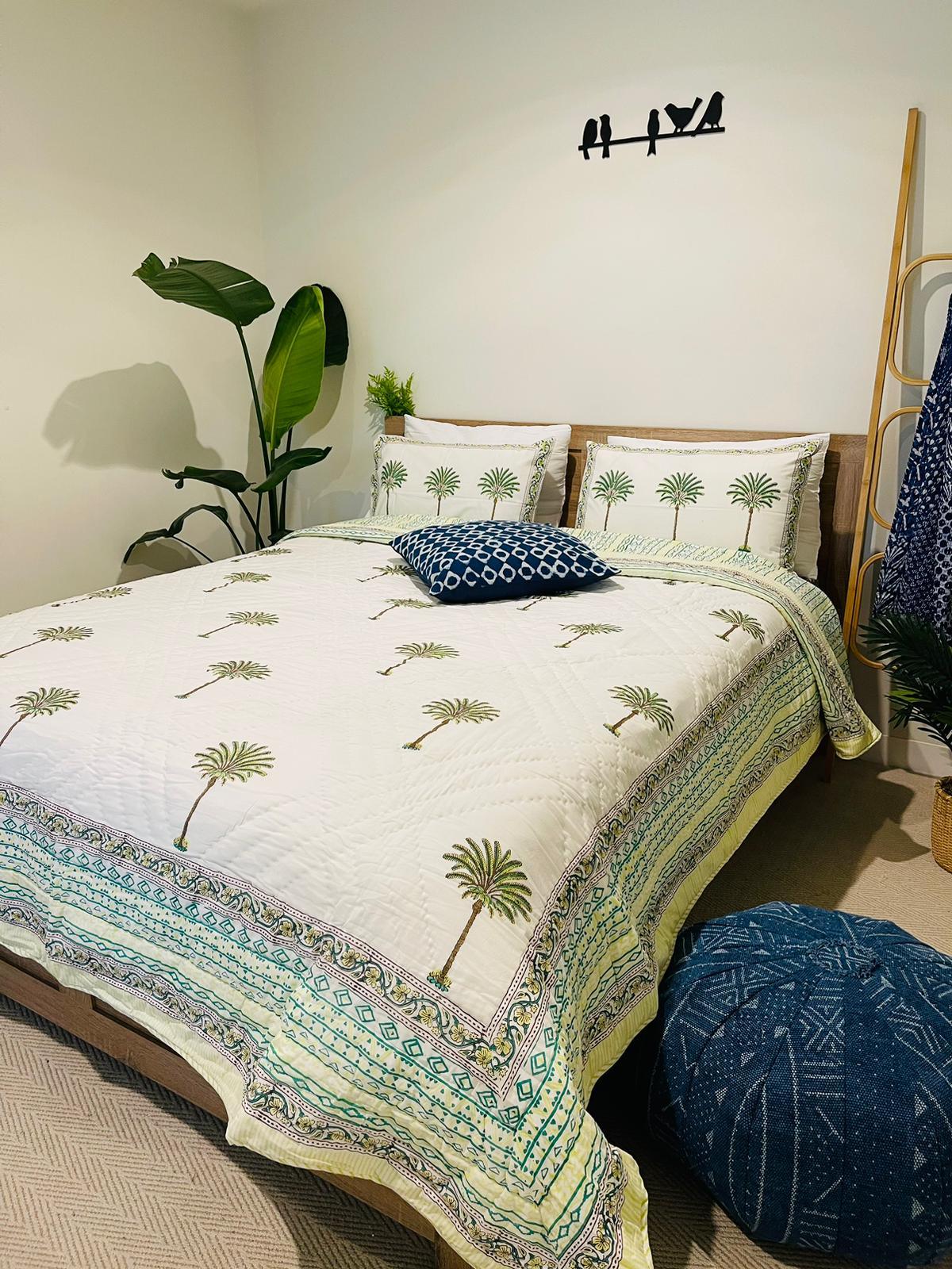 Palm tree Cotton Quilt/Bedspread Green Hand block print - Rooii by Tuvisha