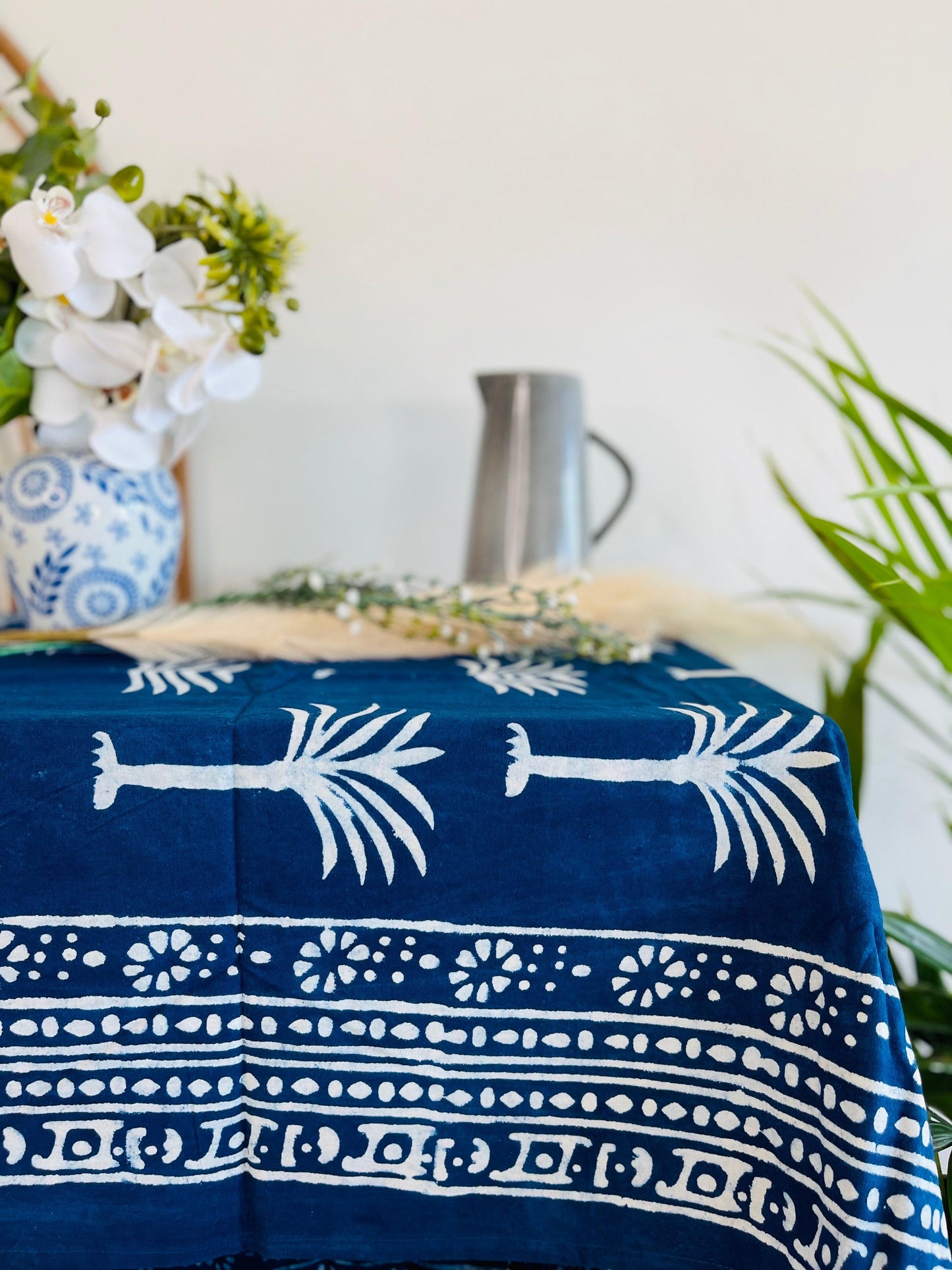 Cotton Table cloth - Indigo Palm tree hand block print - Rooii by Tuvisha