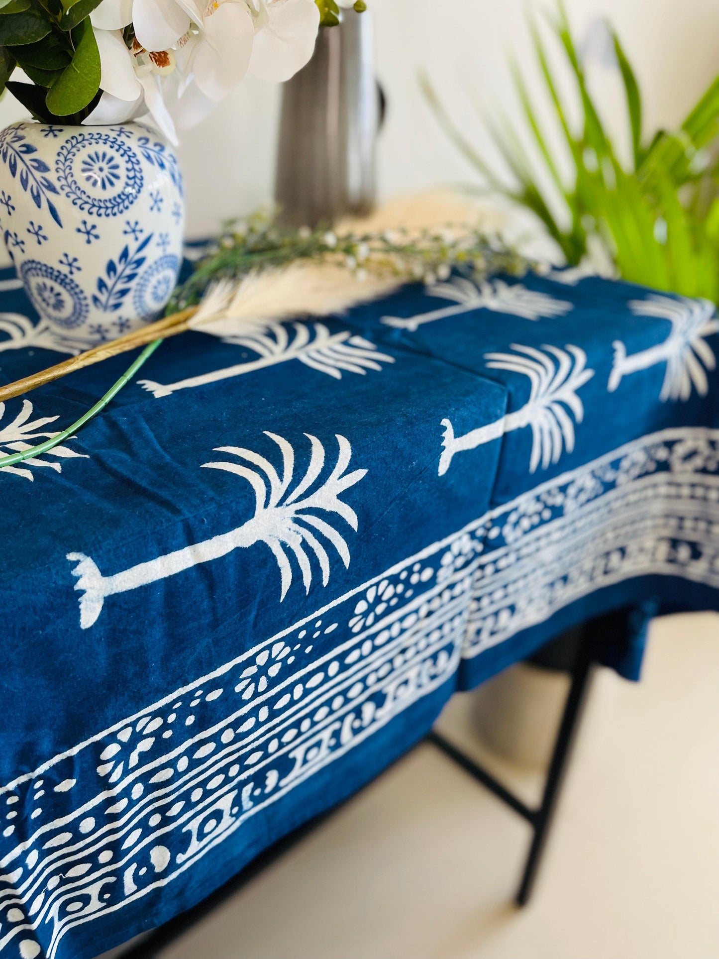 Cotton Table cloth - Indigo Palm tree hand block print - Rooii by Tuvisha
