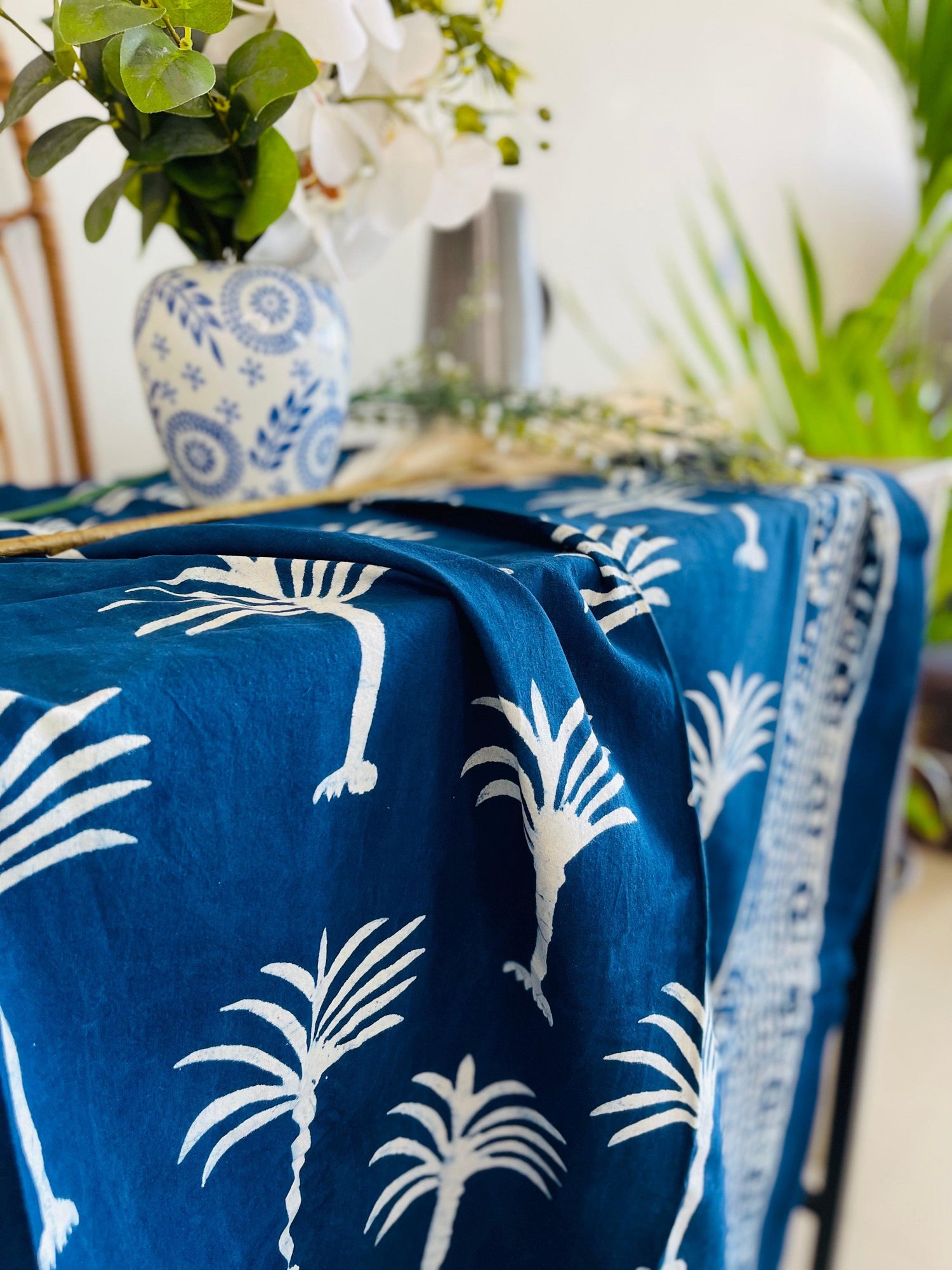 Cotton Table cloth - Indigo Palm tree hand block print - Rooii by Tuvisha