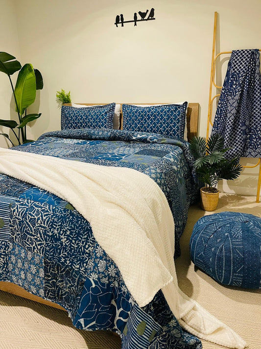 Indigo Patchwork Cotton Filled Quilt/Bedspread Hand Block print - Rooii by Tuvisha