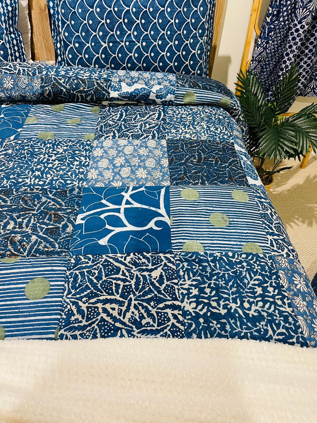 Indigo Patchwork Cotton Filled Quilt/Bedspread Hand Block print - Rooii by Tuvisha