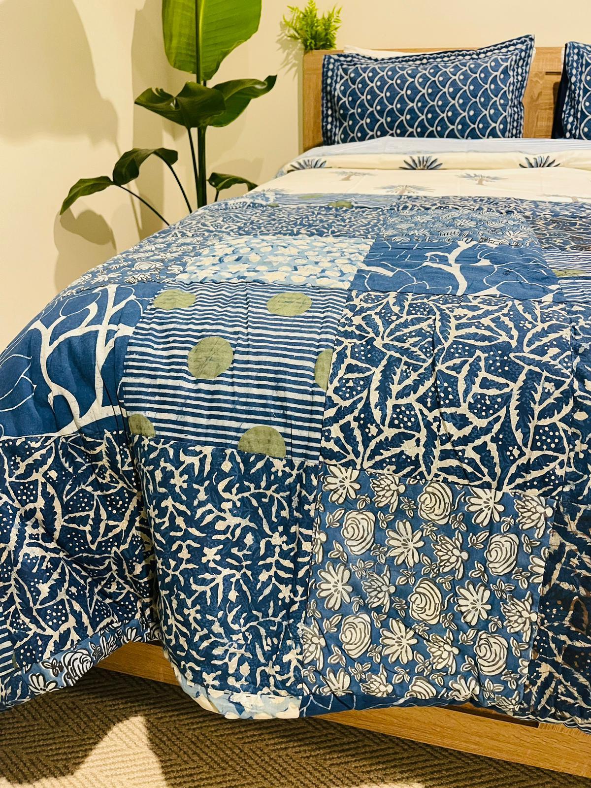 Indigo Patchwork Cotton Filled Quilt/Bedspread Hand Block print - Rooii by Tuvisha
