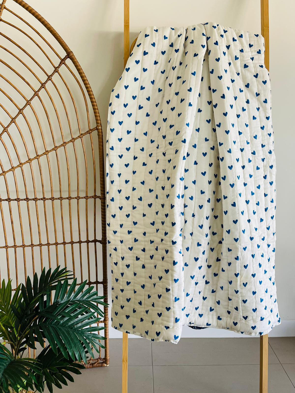 Kids Blue hearts Cotton Quilt Hand Block print - Rooii by Tuvisha