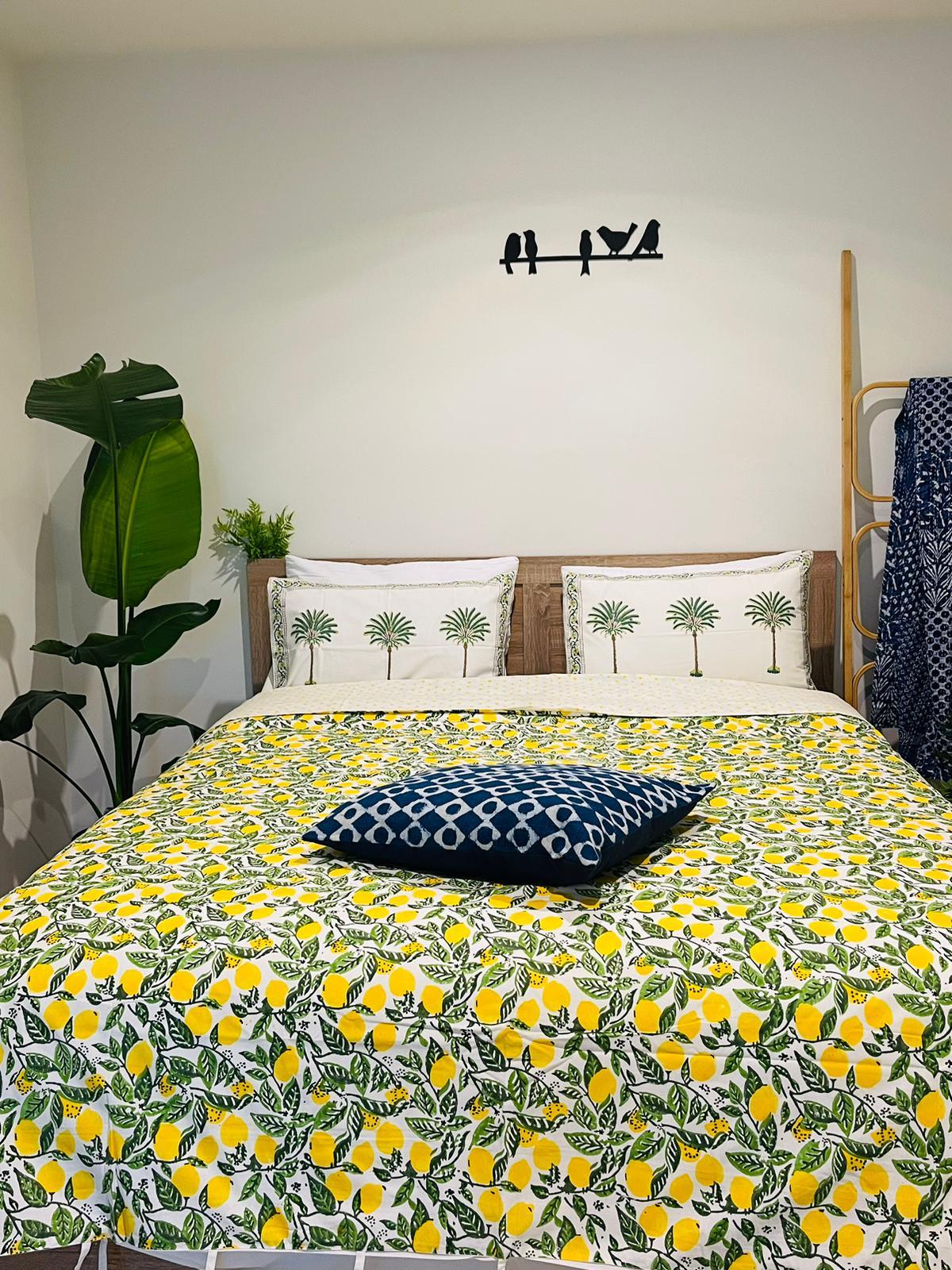 Lemon Cotton Quilt cover Hand block print - Rooii by Tuvisha