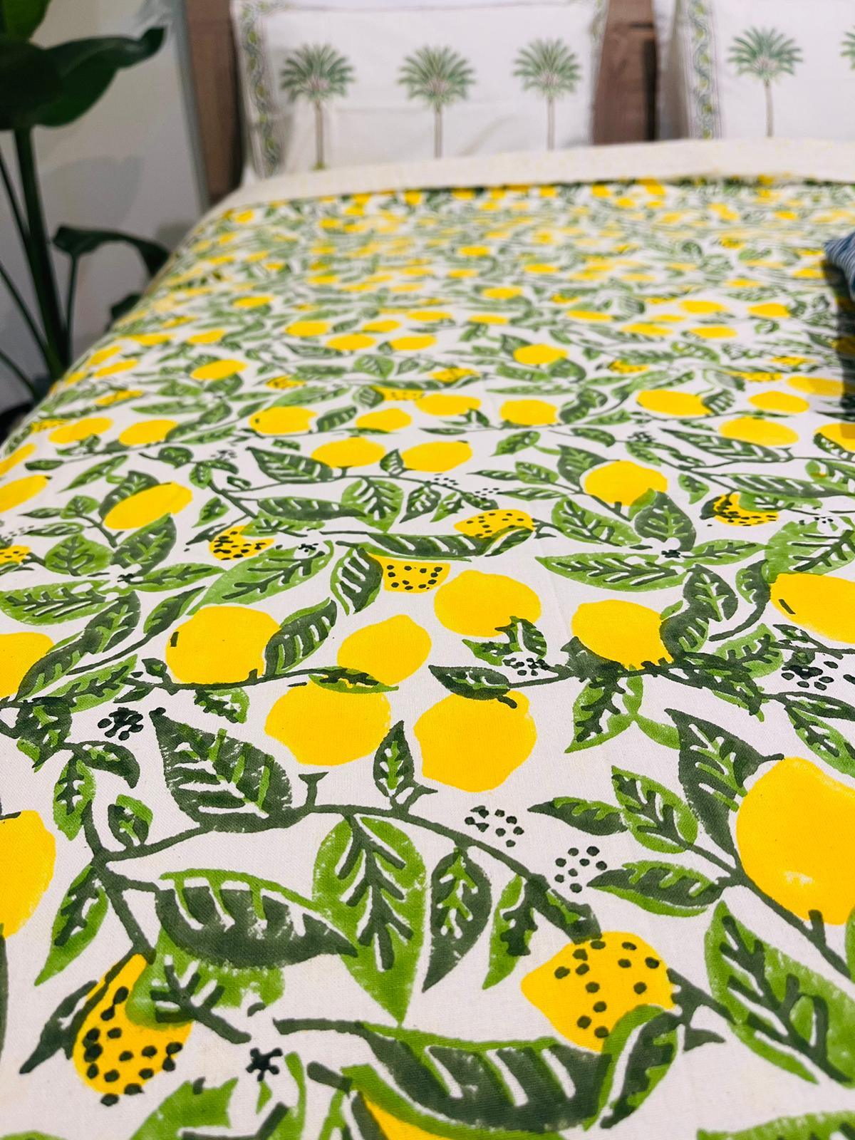 Lemon Cotton Quilt cover Hand block print - Rooii by Tuvisha