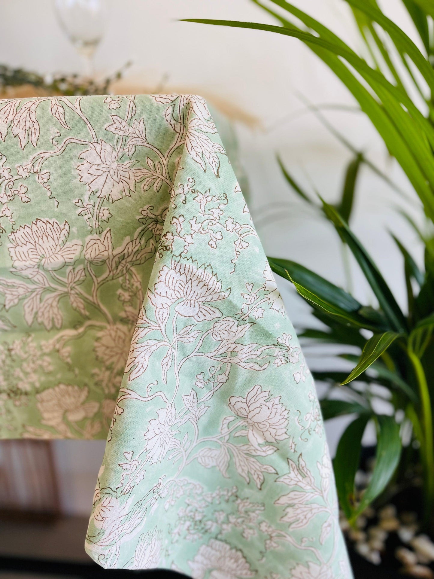Pastel Floral Cotton Table cloth Hand Block print - Rooii by Tuvisha