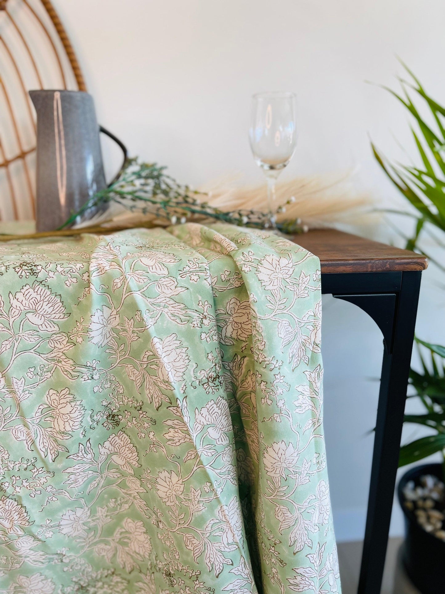 Pastel Floral Cotton Table cloth Hand Block print - Rooii by Tuvisha