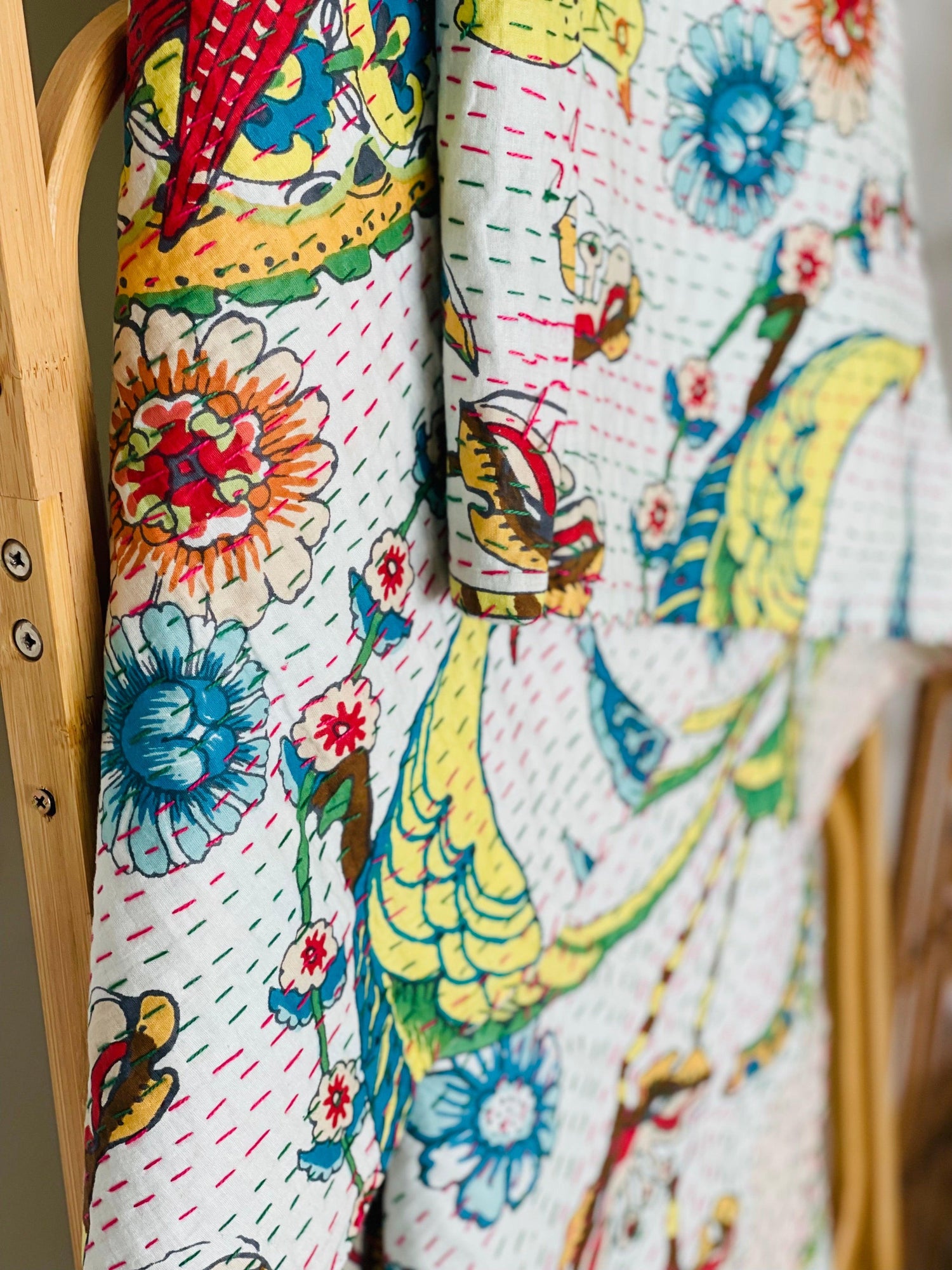 Peacock Floral Cotton Kantha Quilt: Artisan Crafted Bedspread & Blanket - Rooii by Tuvisha