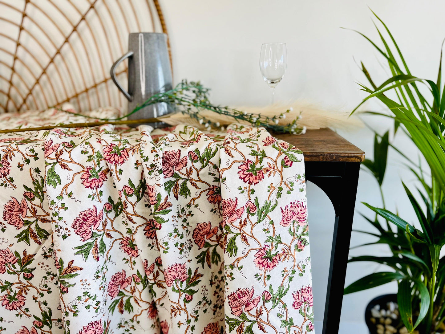 Pink Floral Cotton Table cloth Hand Block print - Rooii by Tuvisha