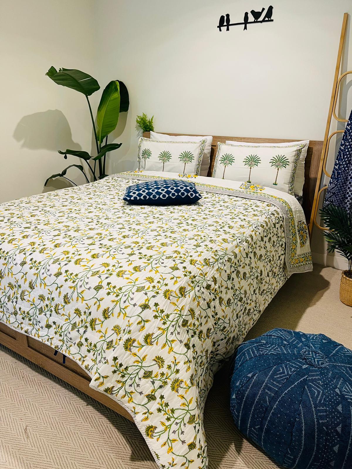 Yellow Floral Cotton Filled Quilt/Bedspread Hand Block Print - Rooii by Tuvisha