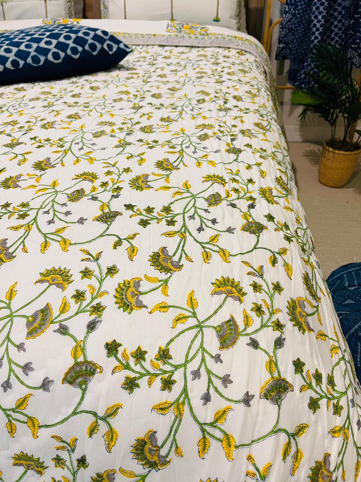 Yellow Floral Cotton Filled Quilt/Bedspread Hand Block Print - Rooii by Tuvisha