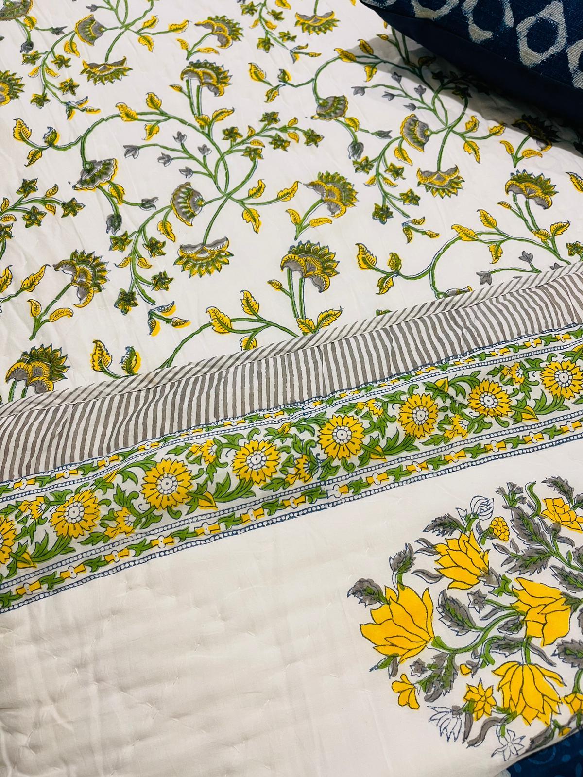 Yellow Floral Cotton Filled Quilt/Bedspread Hand Block Print - Rooii by Tuvisha