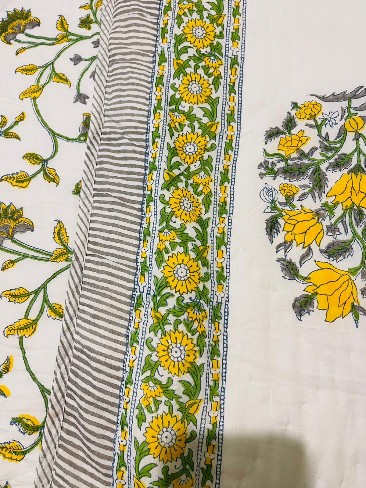 Yellow Floral Cotton Filled Quilt/Bedspread Hand Block Print - Rooii by Tuvisha