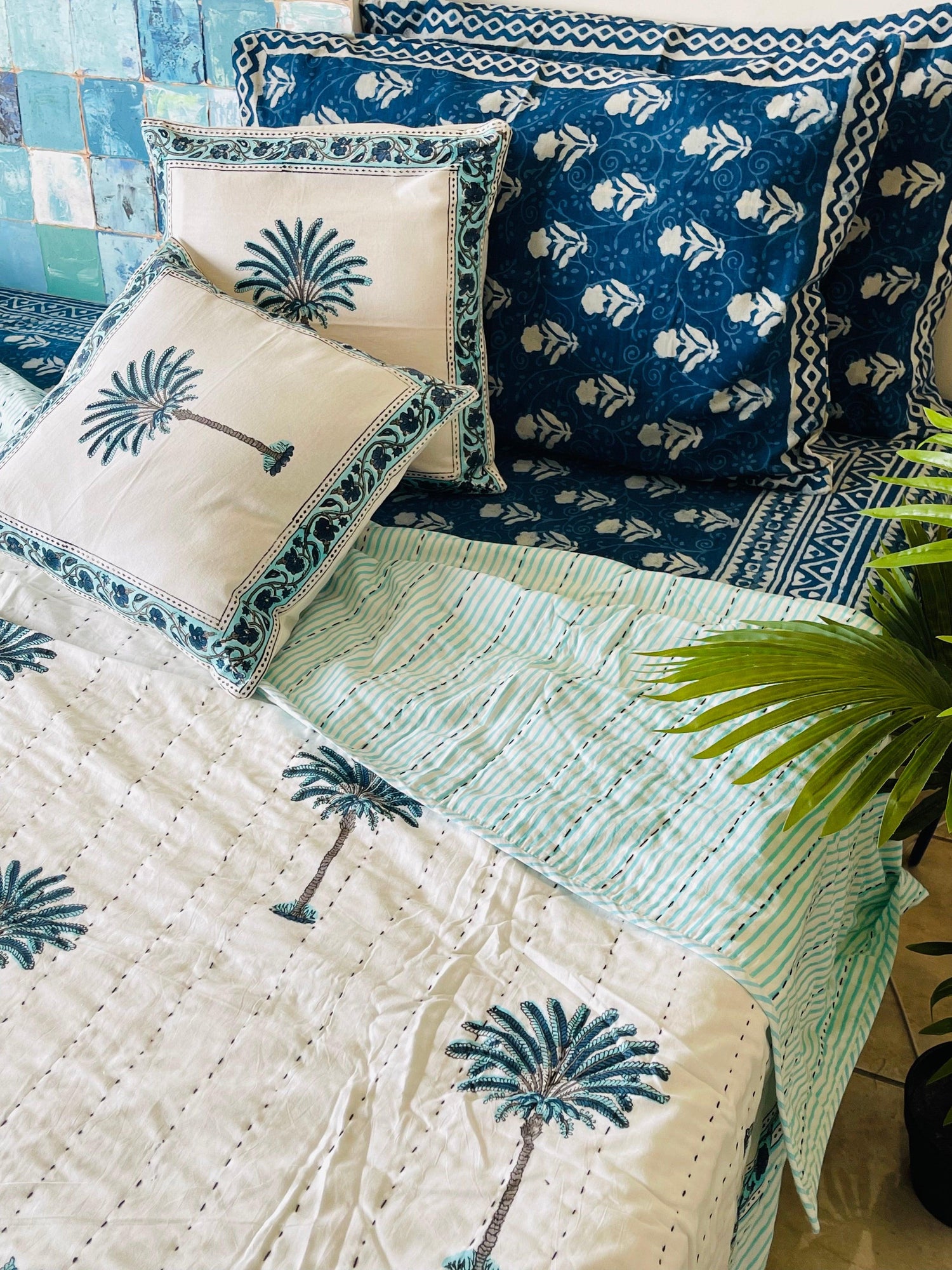 Cotton Kantha summer quilt/ Bedspread/ Coverlet/Throw/Blanket - Fresh Blue Palm Tree Hand block printed Kantha Quilt - Rooii by Tuvisha