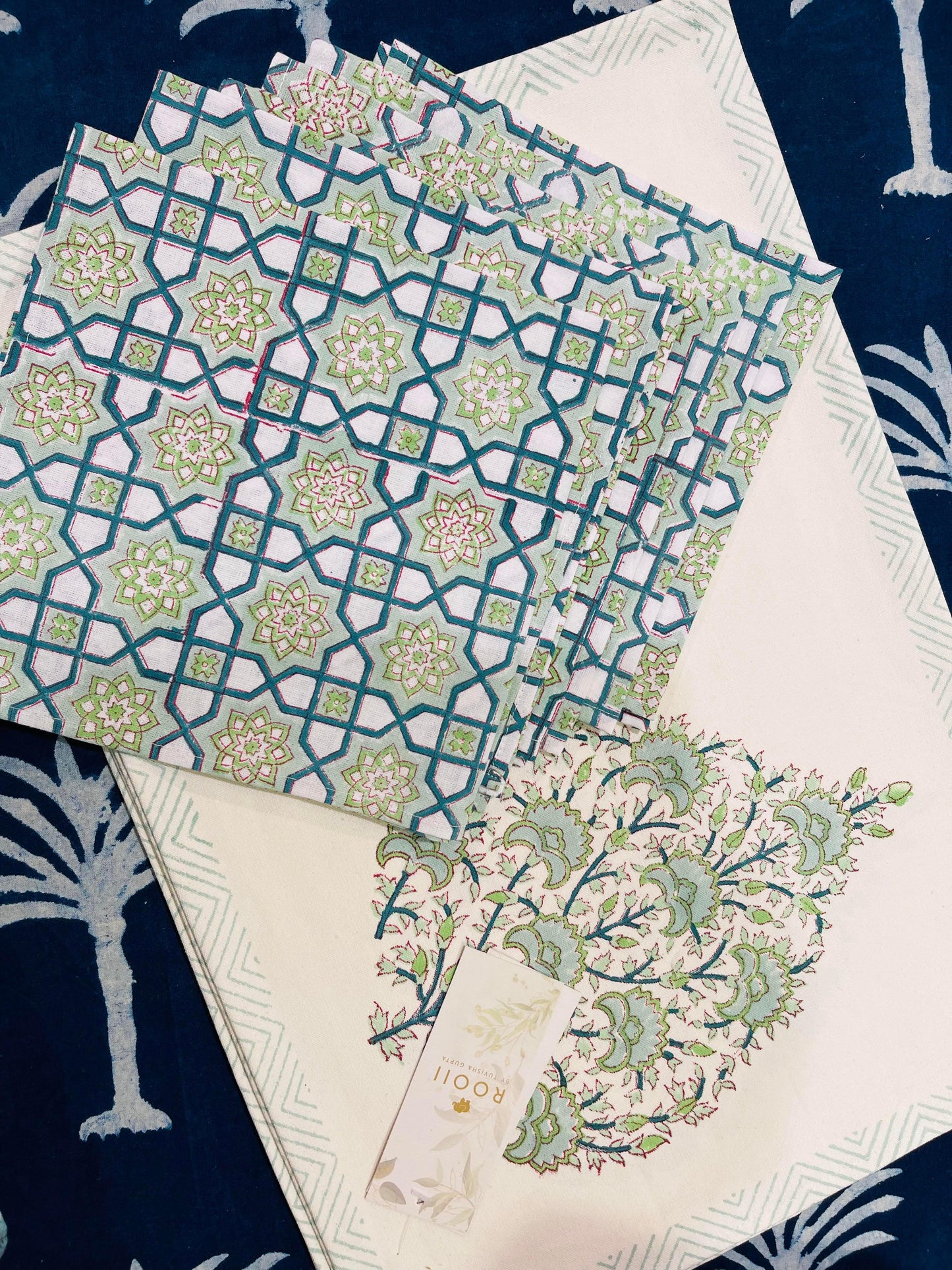 Cotton Table mats and napkin - Green Floral Buta Hand block printed (set of 6) - Rooii by Tuvisha