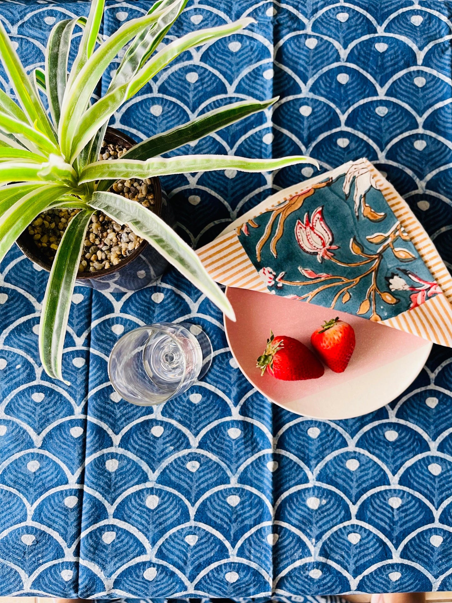 Cotton Table cloth - Royal Indigo Shell hand block print Table cloth - Rooii by Tuvisha