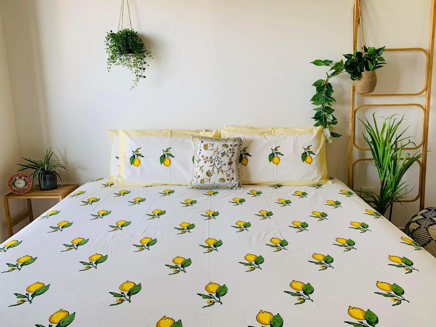 Cotton Bed sheet/Flat sheet - Lemon Hand block Printed Sheet (King size) - Rooii by Tuvisha