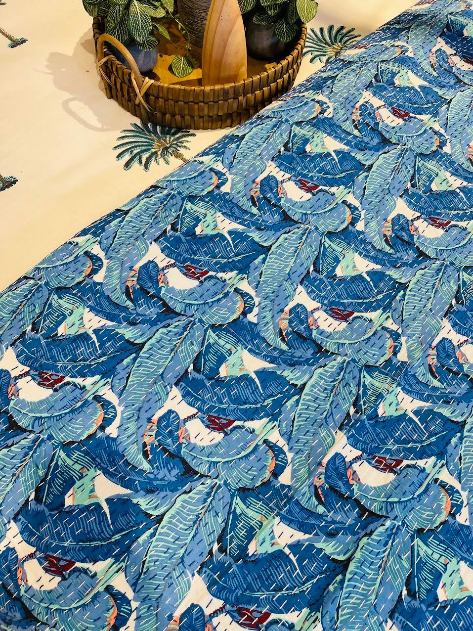 Cotton Kantha Quilt/Bedspread/Coverlet/Throw - Tropical Leaf Hand stitched Kantha Quilt - Rooii by Tuvisha