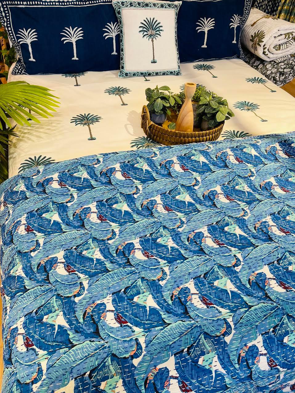 Cotton Kantha Quilt/Bedspread/Coverlet/Throw - Tropical Leaf Hand stitched Kantha Quilt - Rooii by Tuvisha