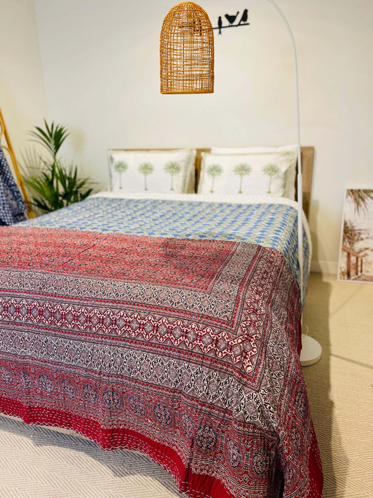 Ajrak Cotton Kantha Quilt/ Bedspread/ Coverlet Hand block print - Rooii by Tuvisha